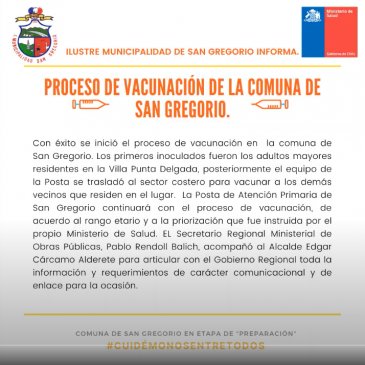 Inicia el Proceso de Vacunación de la Comuna de San Gregorio.